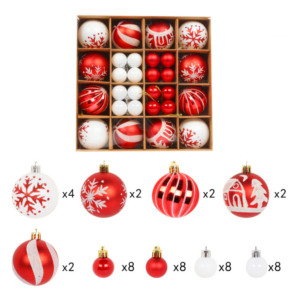 Set globuri de Craciun, 40 piese, Rosu cu Alb
