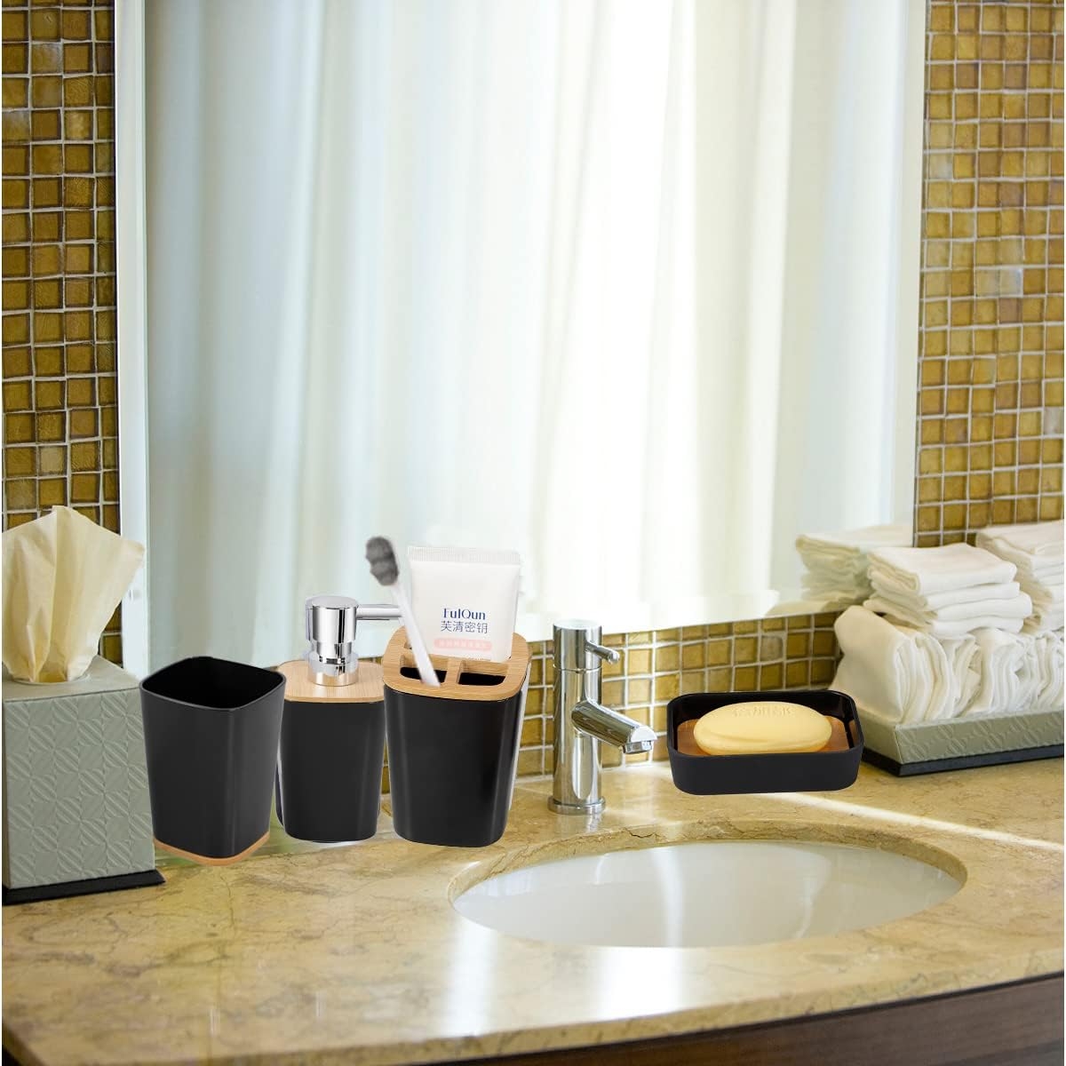 Set Accesorii Baie 6 Piese: Cos de gunoi, Dozator de sapun, Suport. Periute, Sapuniera, Perie Toaleta cu suport, Pahar - imagine 2