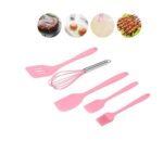 Set 5 ustensile de bucatarie din silicon termorezistent, tel, pensula, spatula mare, spatula mica, paleta, roz,Smartmall
