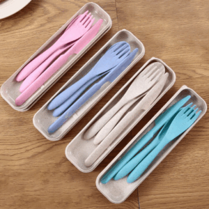 Set 3 tacâmuri pentru călătorie cu recipient, albastru/roz