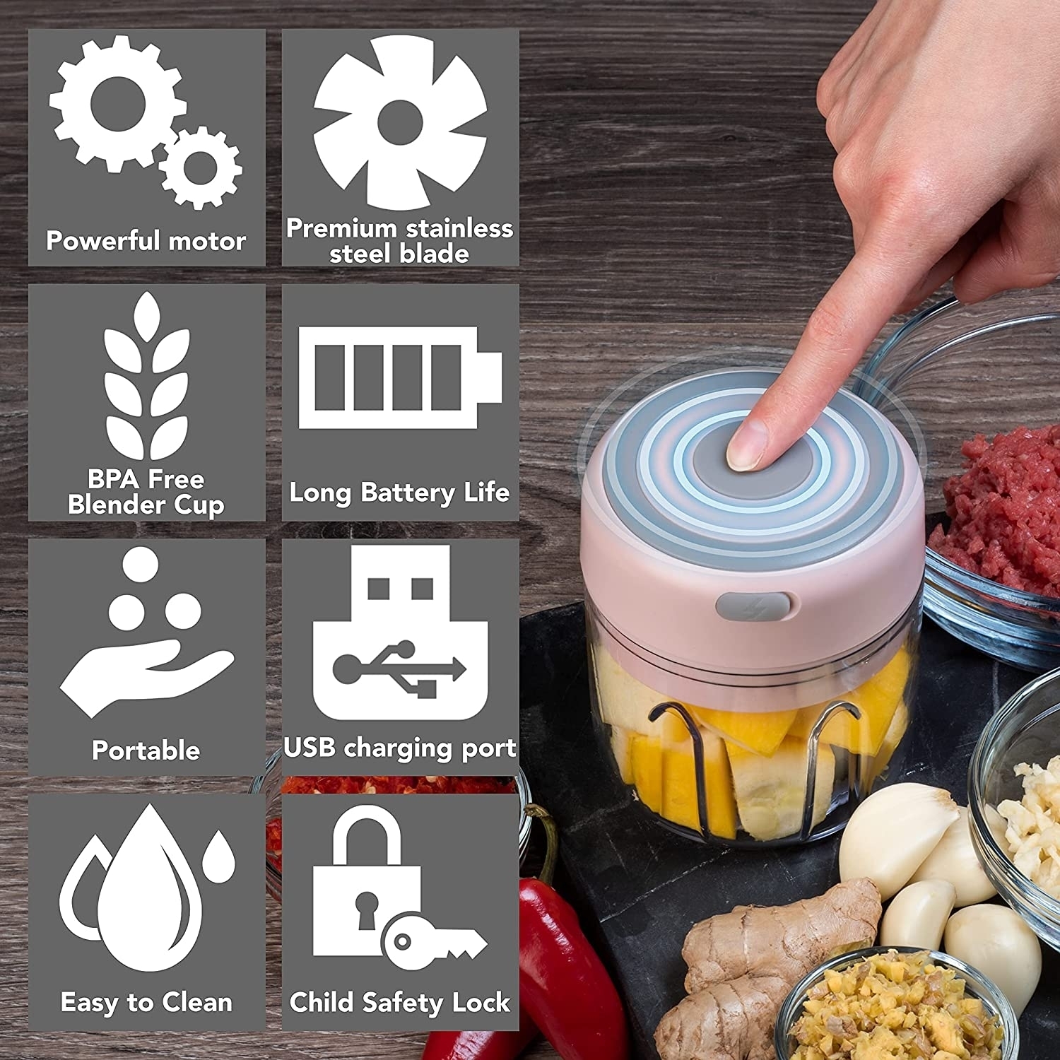 1 + 1 PROMO - Mini blender electric, tocator pentru usturoi, legume - imagine 3