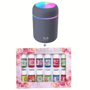 PROMO - Umidificator si Difuzor Aromaterapie cu ultrasunete, capacitate 300ML, LED 7 culori + Set 12 uleiuri esential, 3 ml, de fructe si flori, parfum Purificator si Umidificator si SPA