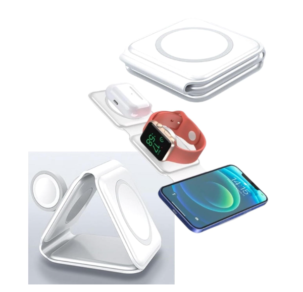 Incarcator 3 in 1, Dock Fold, Incarcare wireless 15W, Pliabil, Alb - imagine 2