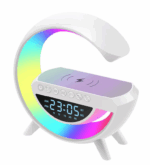 Lampa Smart LED RGB si Incarcator Wireless 15W, Lumini Ambientale, Sincronizare muzicala, Difuzor 5W, Muzica Bluetooth, USB, FM Radio, MicroSD, AUX, Afisaj Ceas Digital