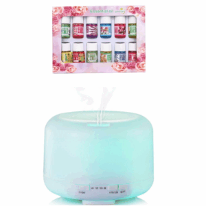 PROMO - Difuzor Aromaterapie si Umidificator cu ultrasunete, 300ml, LED 7 culori + Set 12 x 3ml uleiuri esentiale aer Relaxare Fragrancing