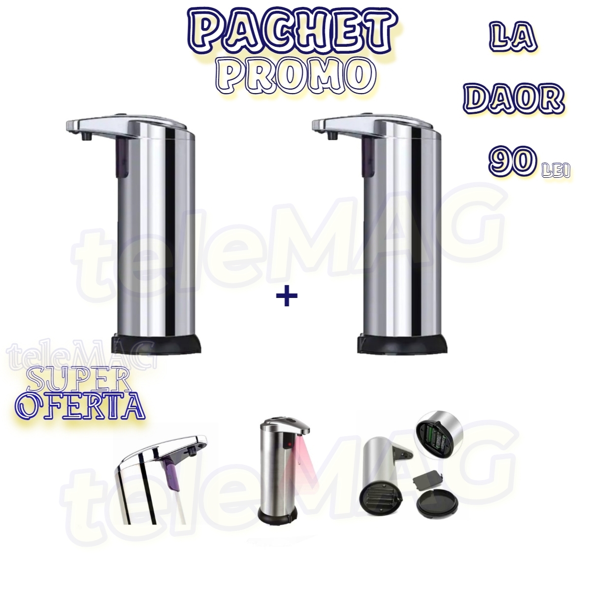 Pachet Promo: Set Doua Dozatorare din inox pentru sapun lichid, cu senzor infrarosu