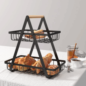 Cos metalic, detasabil, organizator fructe, legume, 2 nivele, 32 x 29.9 x 18 cm, negru