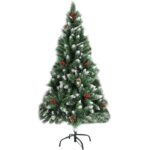 Brad Craciun Artificial 150cm Premium | Cu Conuri, Merisoare si Zapada Artificiala | Suport Metalic Inclus