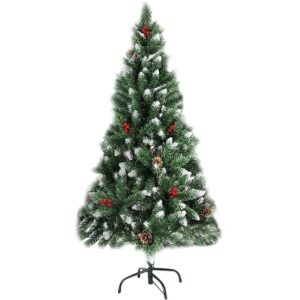 Brad Craciun Artificial 150cm Premium | Cu Conuri, Merisoare si Zapada Artificiala | Suport Metalic Inclus