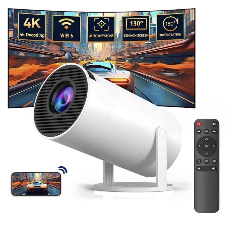 Videoproiector Portabil, Pro Smart Home Cinema 4K, WiFi, BT, Ecran 130", Corectie Trapez, Alb, Compatibil cu Telefon, PC, Laptop, PS5, Xbox - imagine 3