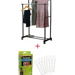 Pachet promo: Suport Mobil Dublu, Metalic pentru Haine si Umerase + Set 8x Umerase, organizatoare haine