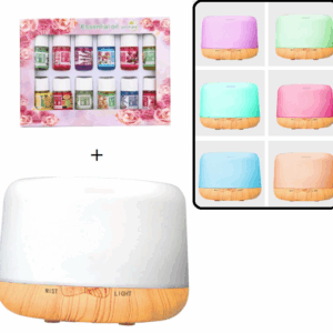 PROMO - Umidificator ultrasunet cu telecomanda, capacitate 500ml, led 7 culori + Set 12 x 3ml uleiuri esentiale aer Relaxare Fragrancing