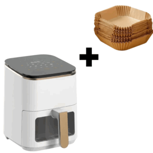 PROMOTIE Friteuza Cu Aer Cald 1500W | AirFryer Digital 10 Programe | 3-4 Portii | Teflon Antiaderent | Iluminare Interioara + 50 Hartii Copt Patrate