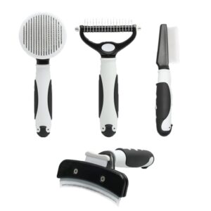 Set 4 Perii Pentru Caini Si Pisici | Anti-Naparlire | Descurcare Si Intretinere Blana | Alb / Negru
