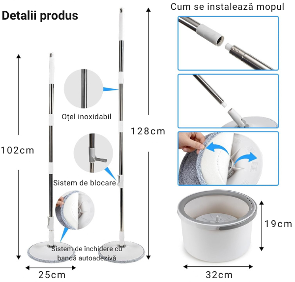 Set Mop Cu Galeata | Rotire 360° | Separare Apa Curata / Apa Murdara | Laveta Microfibra | Alb - imagine 2