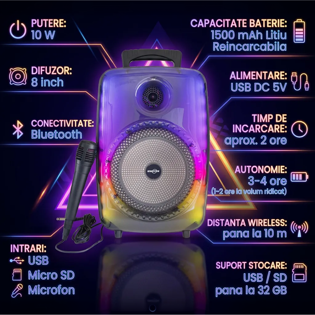 Boxa Bluetooth Cu Iluminare RGB Si Microfon Cu Fir | Difuzor 8 Inch | Radio FM | USB | Card SD - imagine 4
