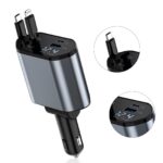 Incarcator Auto Rapid Retractabil 4 In 1 | 120W | Afisaj Digital Tensiune | 2 Cabluri Retractabile Type-C Si Apple | USB + USB-C | Gri-Negru