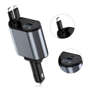 Incarcator Auto Rapid Retractabil 4 In 1 | 120W | Afisaj Digital Tensiune | 2 Cabluri Retractabile Type-C Si Apple | USB + USB-C | Gri-Negru