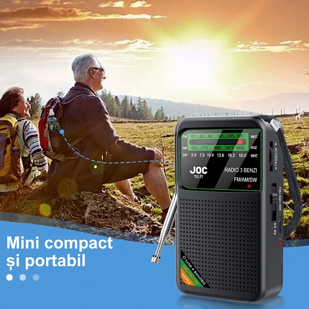 Radio Portabil | AM FM SW Stereo | USB-C Acumulator 1000mAh Mufa Casti | Difuzor 3W | Negru - imagine 5