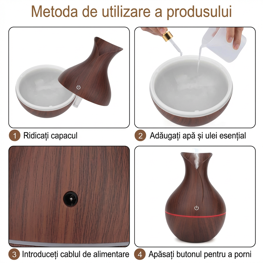 Umidificator Aromaterapie 130 ml cu Ultrasunete + 12 Uleiuri Esentiale 3 ml | Difuzor Aroma USB | Design Lemn Maro Inchis - imagine 5