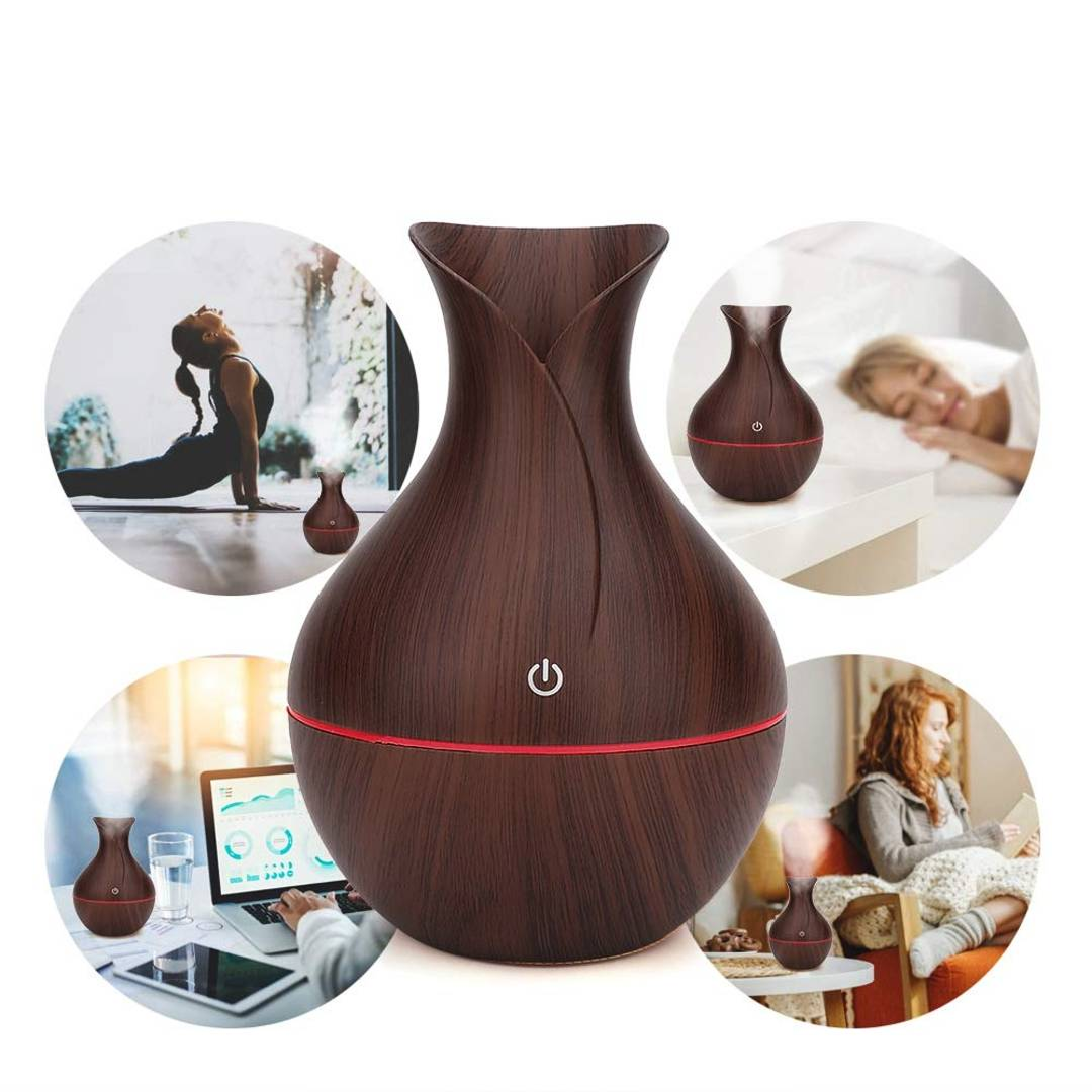 Umidificator Aromaterapie 130 ml cu Ultrasunete + 12 Uleiuri Esentiale 3 ml | Difuzor Aroma USB | Design Lemn Maro Inchis - imagine 3