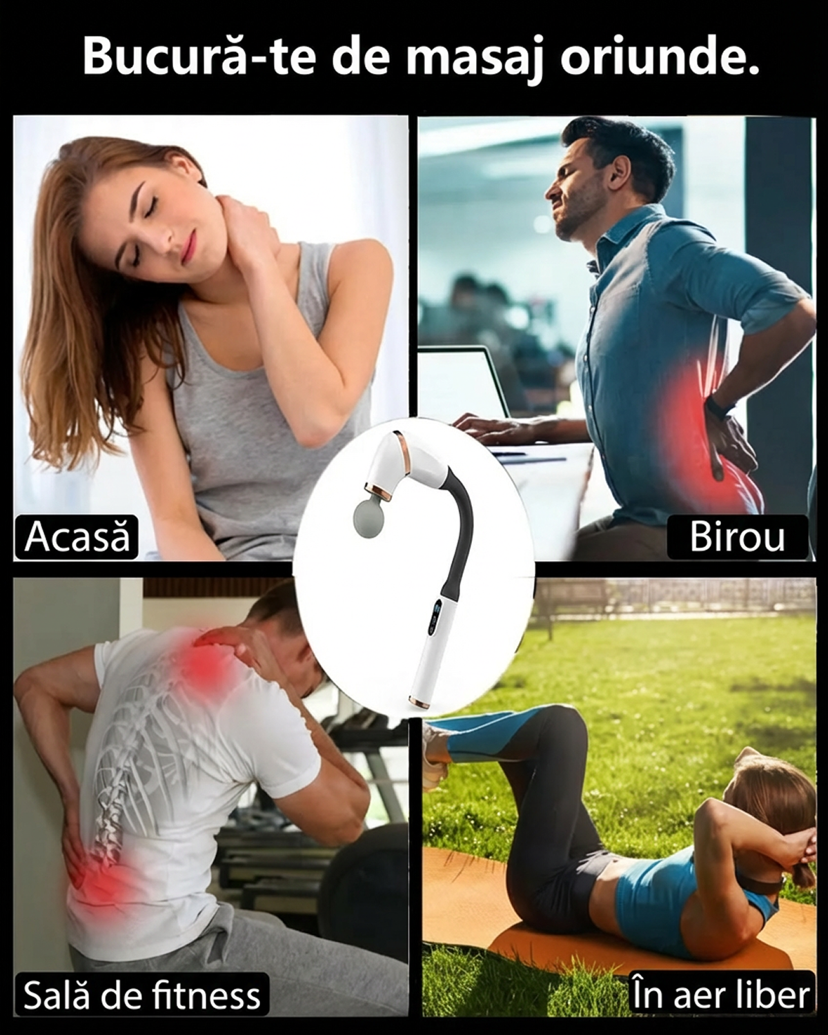 Pistol de Masaj Deep Tissue | 9 Trepte Intensitate | 4 Capete Interchangeabile | Maner Ergonomic 120° | - imagine 9