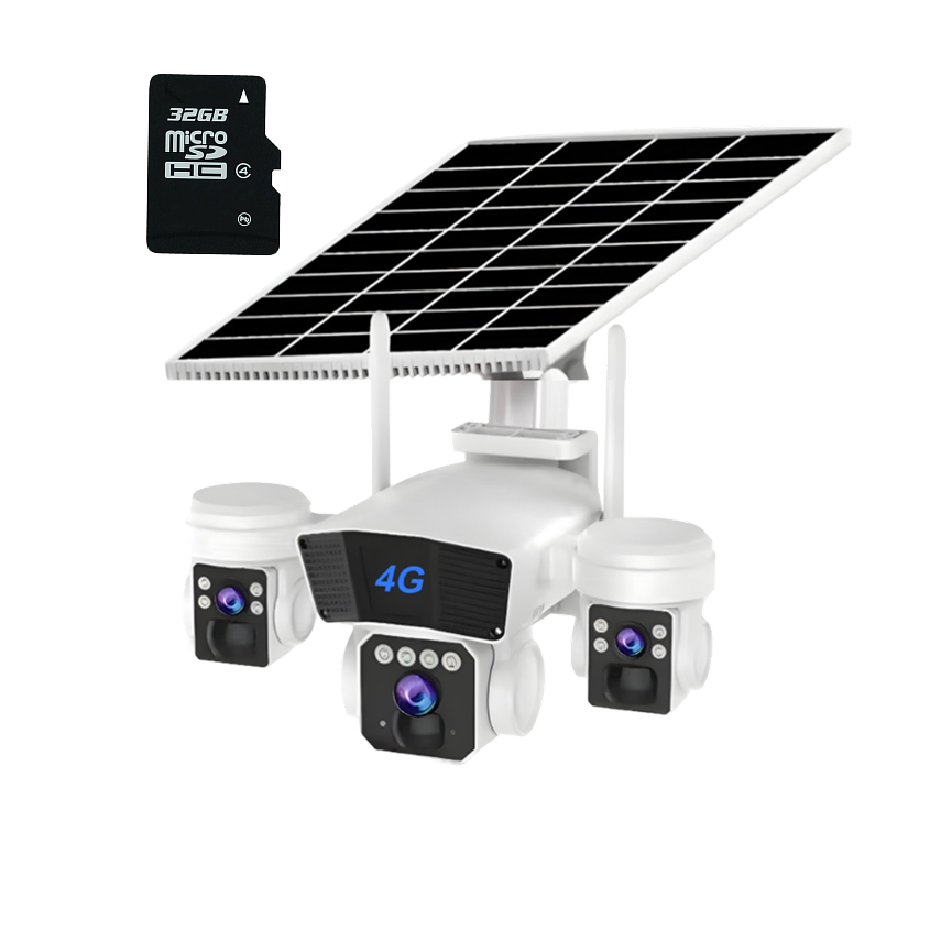 Camera Supraveghere cu Panou Solar, Conexiune 4G, Rotatie 360° Panoramică Cu 3 Lentile, Zoom 10x, Card Memorie Cadou