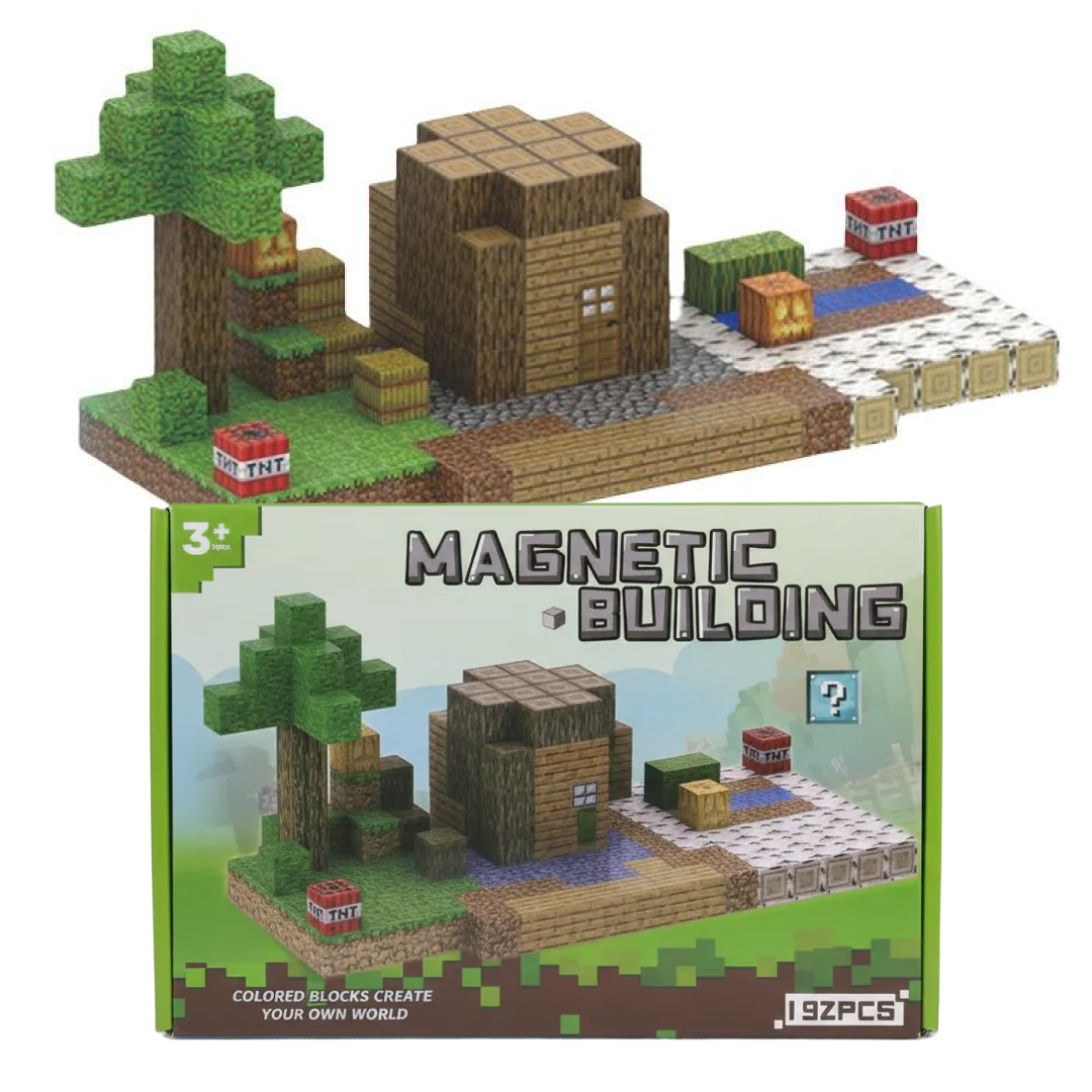 Set Cuburi Magnetice Tip Minecraft | 192 Piese | Joc De Constructie STEM | Blocuri Magnetice Educative | Copii 3+ Ani