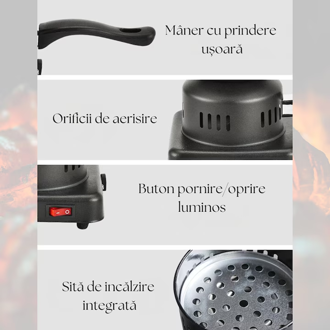 Aprinzator Electric Carbuni Narghilea 1000W | Control Temperatura | Protectie Termostatica | Capacitate 8 Carbuni | Negru - imagine 4