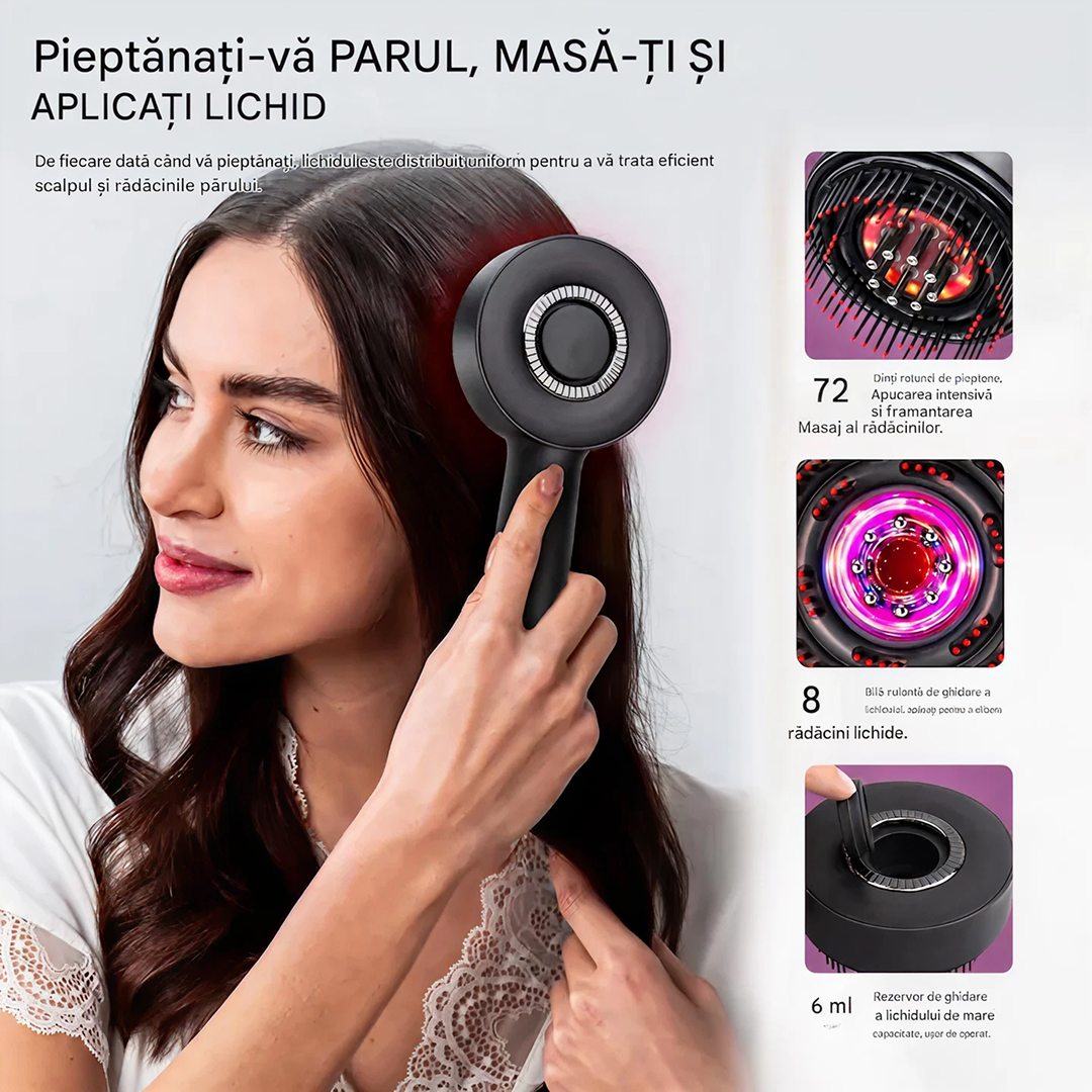 Perie Electrica Masaj Scalp 630nm LED Infrarosu | 3 Moduri Masaj | Aplicator Ulei 6 ml | IPX7 | 1400 mAh | USB-C - imagine 3