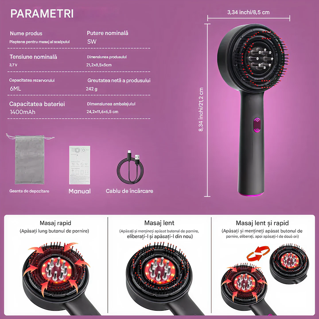 Perie Electrica Masaj Scalp 630nm LED Infrarosu | 3 Moduri Masaj | Aplicator Ulei 6 ml | IPX7 | 1400 mAh | USB-C - imagine 5