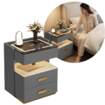 Noptiera Inteligenta Multifunctionala 50x40x56 cm | 3 Sertare | LED Tactil | Incarcare Wireless + USB | Difuzor Bluetooth | Gri Inchis