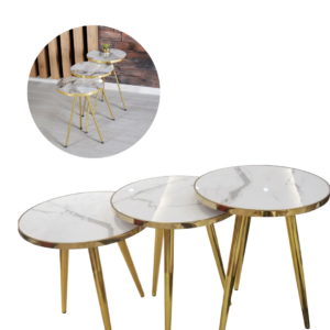 Set 3 Mese Cafea Rotunde Suprapozabile | Alb si Auriu | Cadru Metalic Rezistent | Design Compact