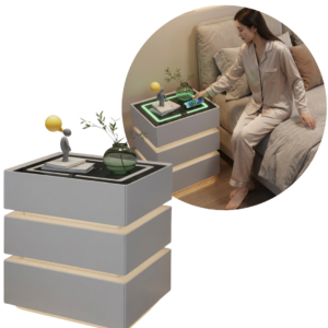 Noptiera Moderna cu Incarcare Wireless 15W | LED 3 Culori | 3 Sertare | 50x40x72 cm | Gri Deschis