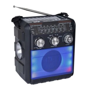 Radio Portabil cu Jocuri Lumini si Panou Solar | AM FM SW | USB AUX MP3 Lampa LED | 5W | Negru