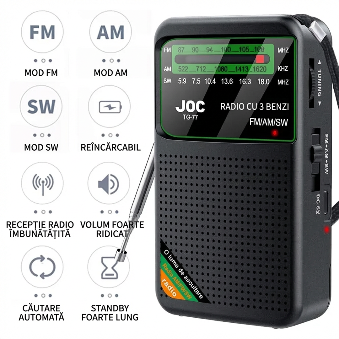 Radio Portabil | AM FM SW Stereo | USB-C Acumulator 1000mAh Mufa Casti | Difuzor 3W | Negru - imagine 4