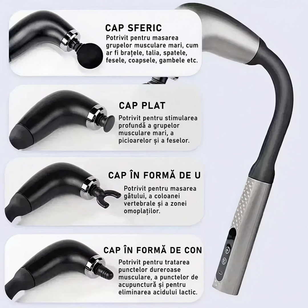 Pistol de Masaj Deep Tissue | 9 Trepte Intensitate | 4 Capete Interchangeabile | Maner Ergonomic 120° | - imagine 6