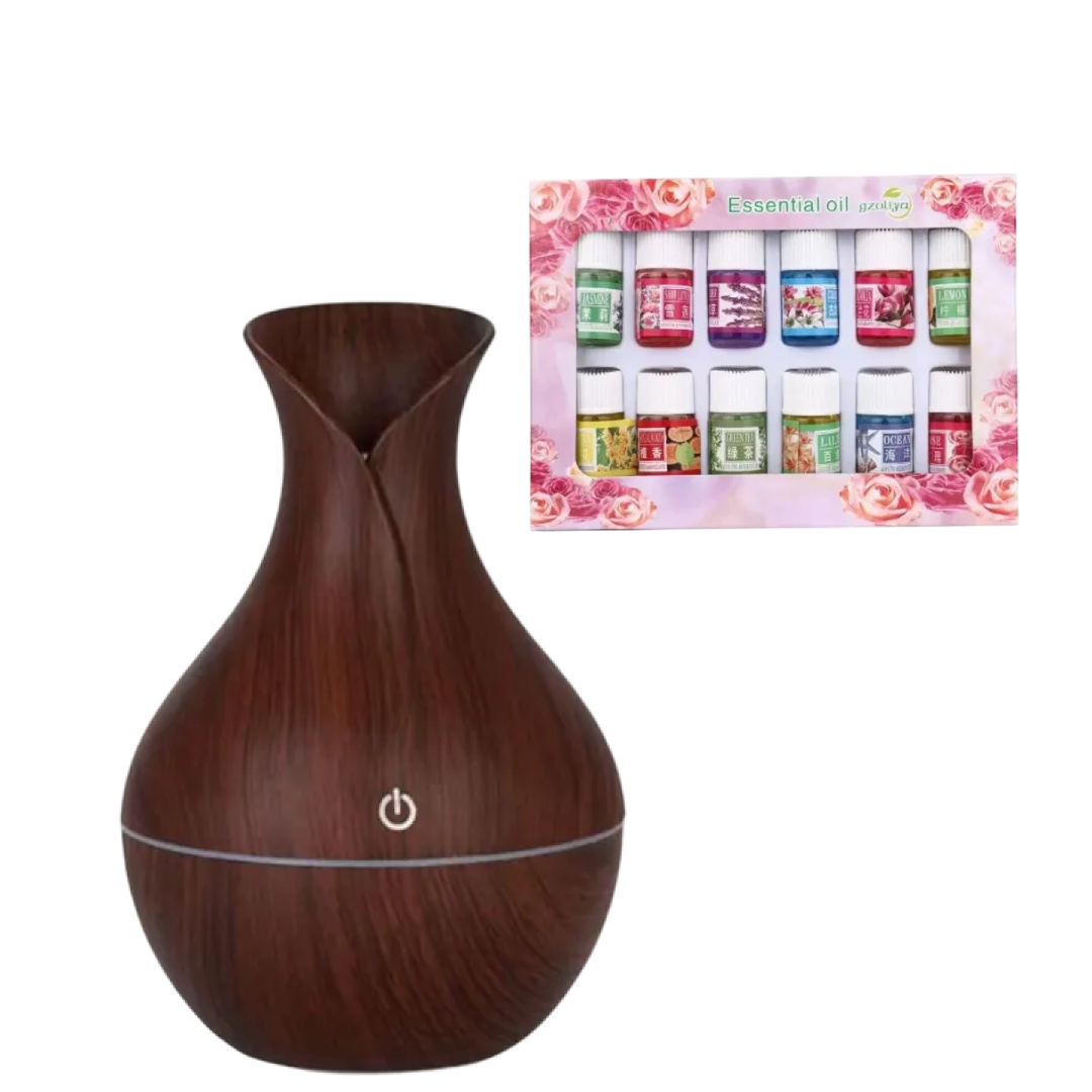 Umidificator Aromaterapie 130 ml cu Ultrasunete + 12 Uleiuri Esentiale 3 ml | Difuzor Aroma USB | Design Lemn Maro Inchis