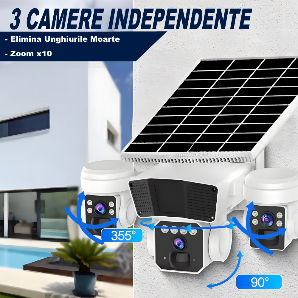 Camera Supraveghere cu Panou Solar, Conexiune 4G, Rotatie 360° Panoramică Cu 3 Lentile, Zoom 10x, Card Memorie Cadou - imagine 6
