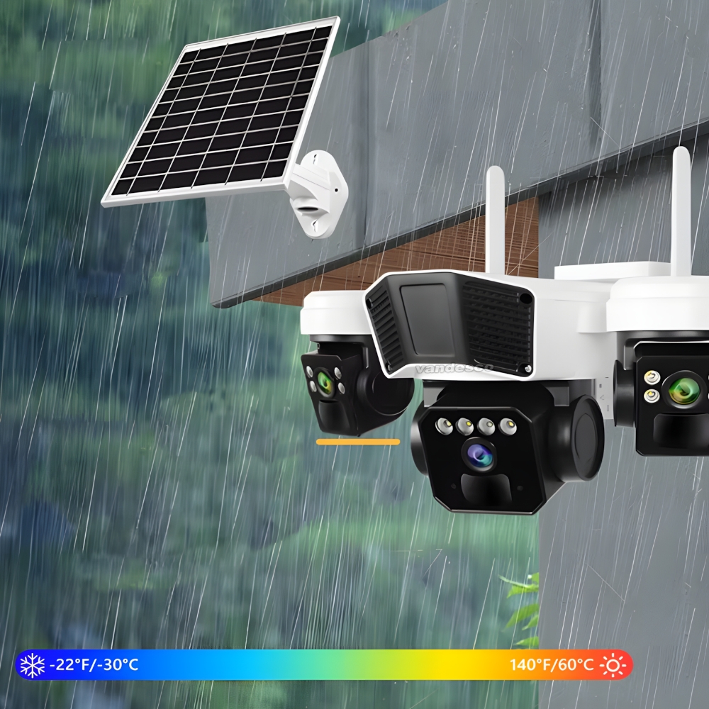 Camera Supraveghere cu Panou Solar, Conexiune 4G, Rotatie 360° Panoramică Cu 3 Lentile, Zoom 10x, Card Memorie Cadou - imagine 3
