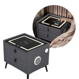 Noptiera Inteligenta Multifunctionala 50x40x45 cm | 2 Sertare | LED Tactil 3 Culori | Incarcare Wireless | Difuzor Bluetooth | Gri Inchis