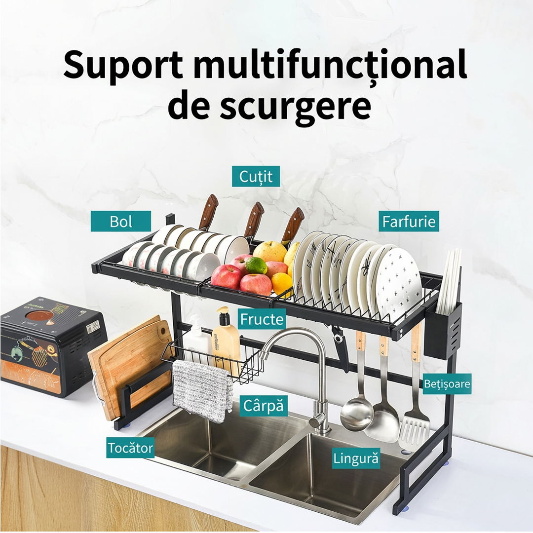 Suport Scurgator Vase Peste Chiuveta | 85 cm | Organizator Bucatarie | Otel Inoxidabil | Negru - imagine 5