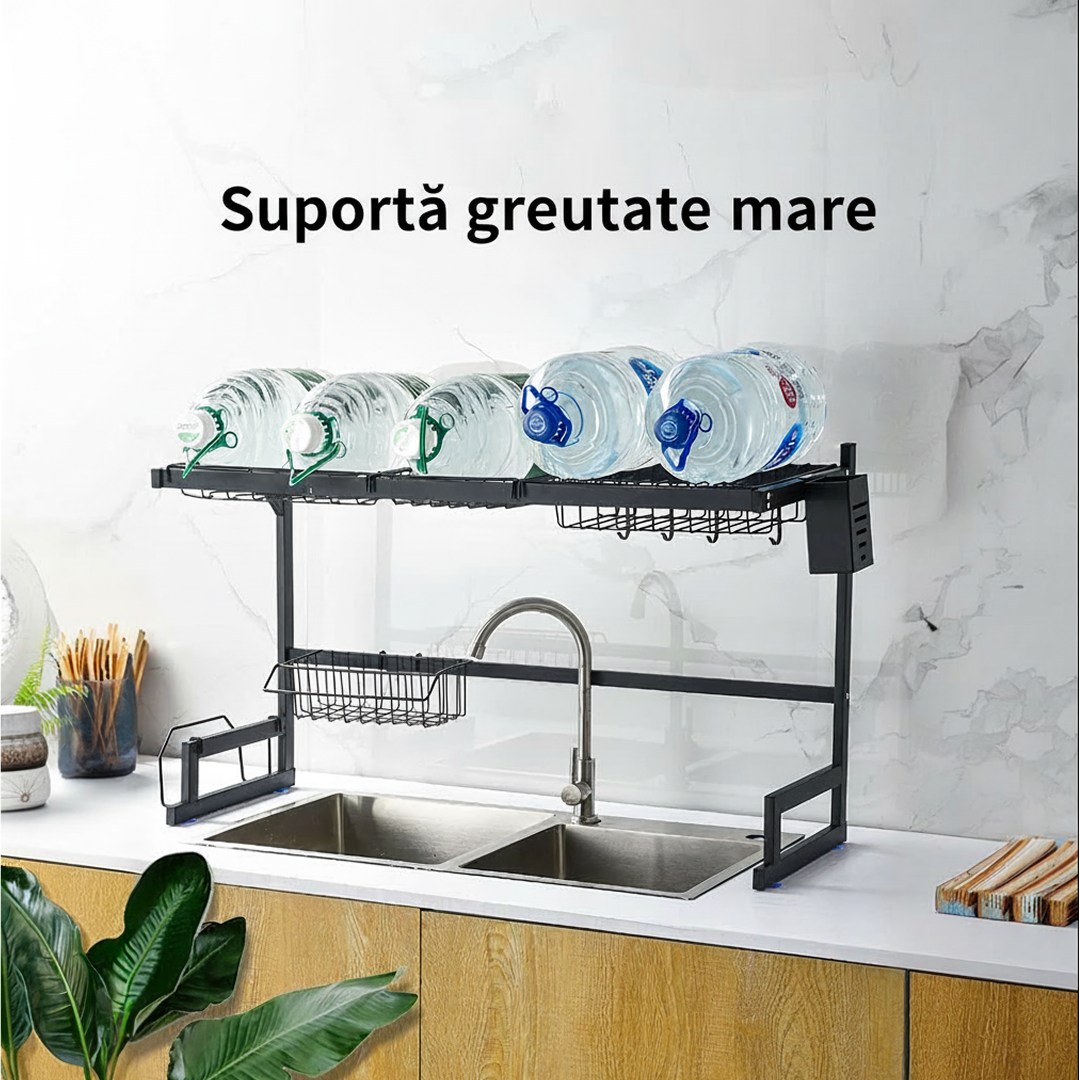 Suport Scurgator Vase Peste Chiuveta | 85 cm | Organizator Bucatarie | Otel Inoxidabil | Negru - imagine 7