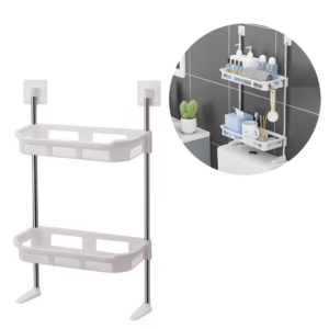 Raft Baie Cu Ventuze 2 Polite | Depozitare Multifunctionala | Metal + Plastic | Fara Gaurire | 58x30 cm | Alb