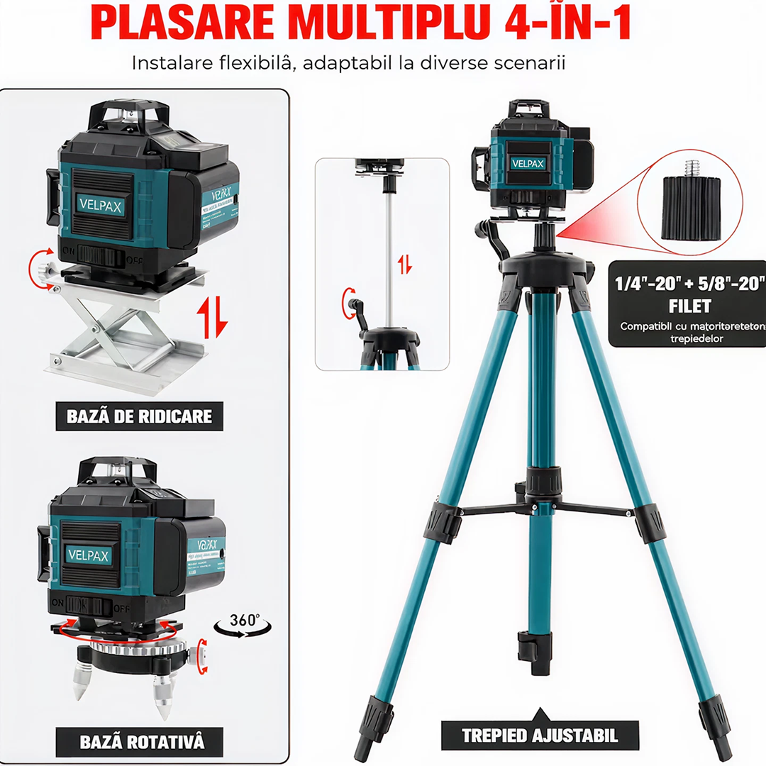 Nivela Laser Profesionala 4D 16 Linii Verde 360° | Autonivelare | 2 Acumulatori | Trepied + Telecomanda | Set Complet Constructii - imagine 6