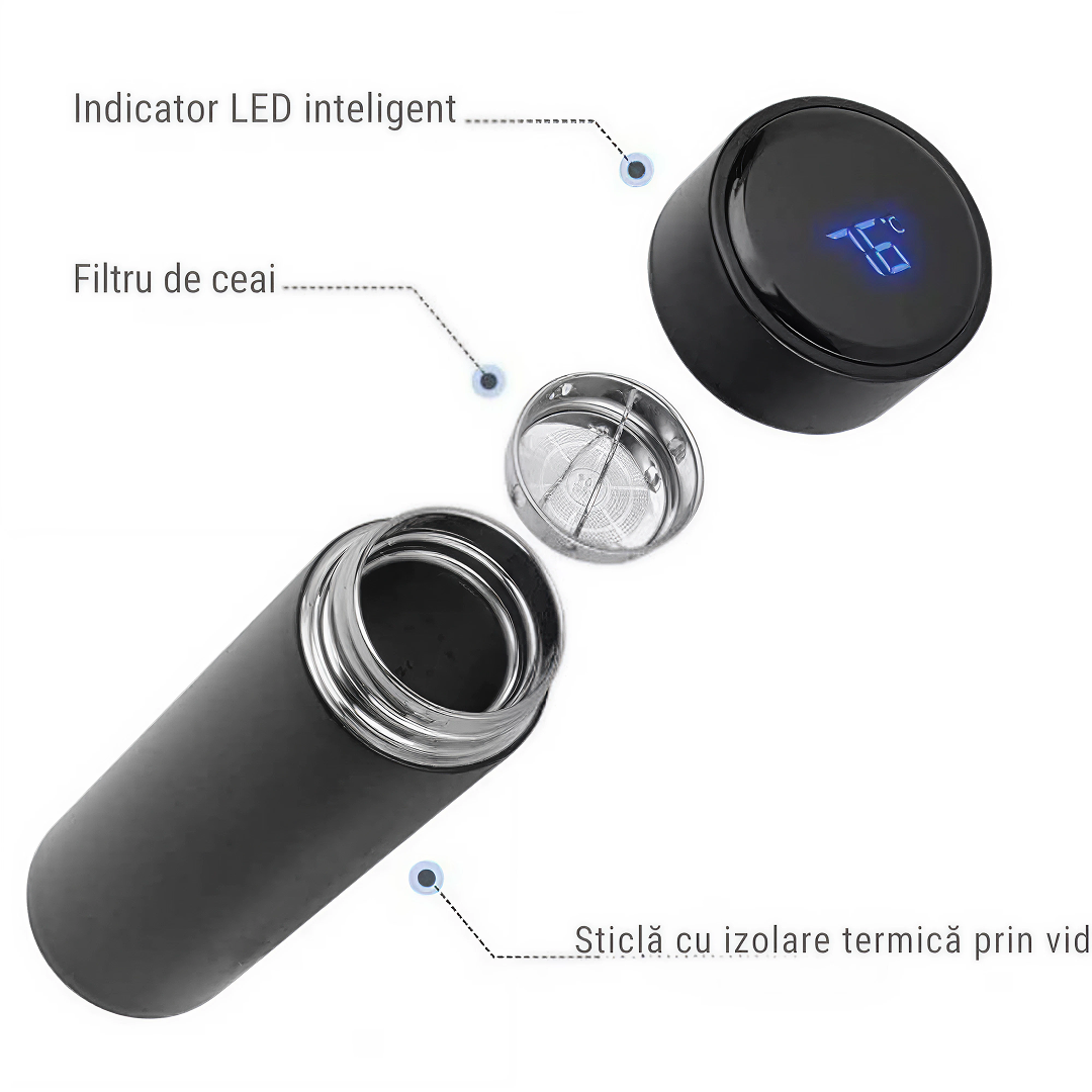 PROMO 1+1 Termos Inteligent Cu Afisaj Temperatura | 500 ml | Inox | Capac LED Touch | Etans | Negru - imagine 2