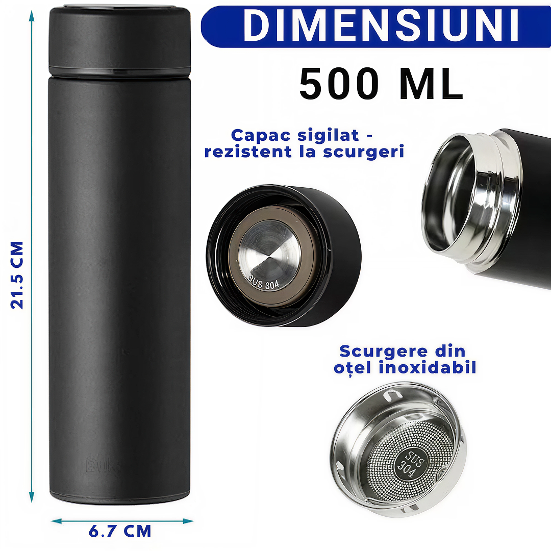 PROMO 1+1 Termos Inteligent Cu Afisaj Temperatura | 500 ml | Inox | Capac LED Touch | Etans | Negru - imagine 5
