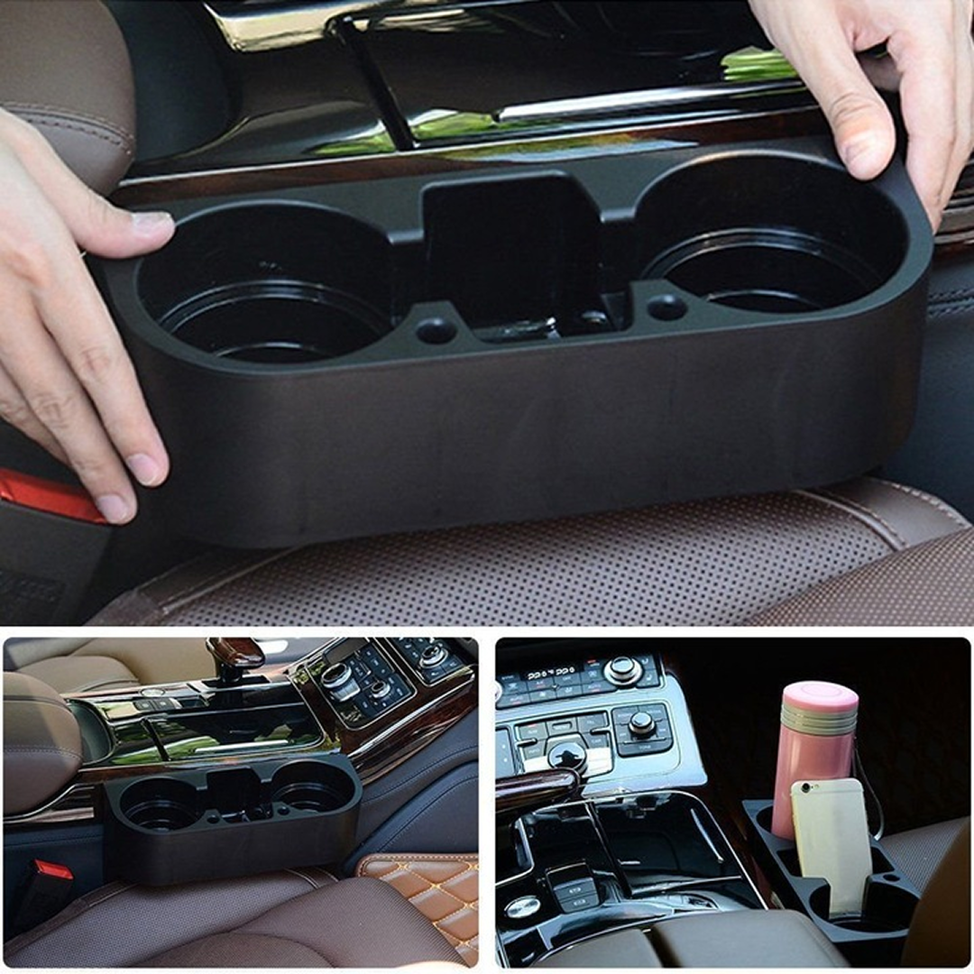 1+1 PROMO Suport Pahare Auto Cu Organizator | 2 Suporturi + Slot Telefon | Anti-Cadere Intre Scaune | Instalare Rapida | Plastic Rezistent - imagine 3