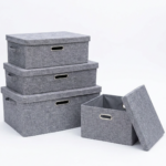 Set 4 Cutii Depozitare cu Capac | Organizator Textile Tip Linen | Diverse Dimensiuni | Stivuibila | GRI