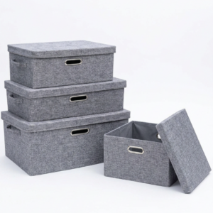 Set 4 Cutii Depozitare cu Capac | Organizator Textile Tip Linen | Diverse Dimensiuni | Stivuibila | GRI